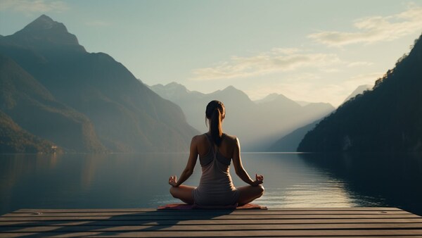 Persona adulta en una postura de yoga suave en un entorno luminoso